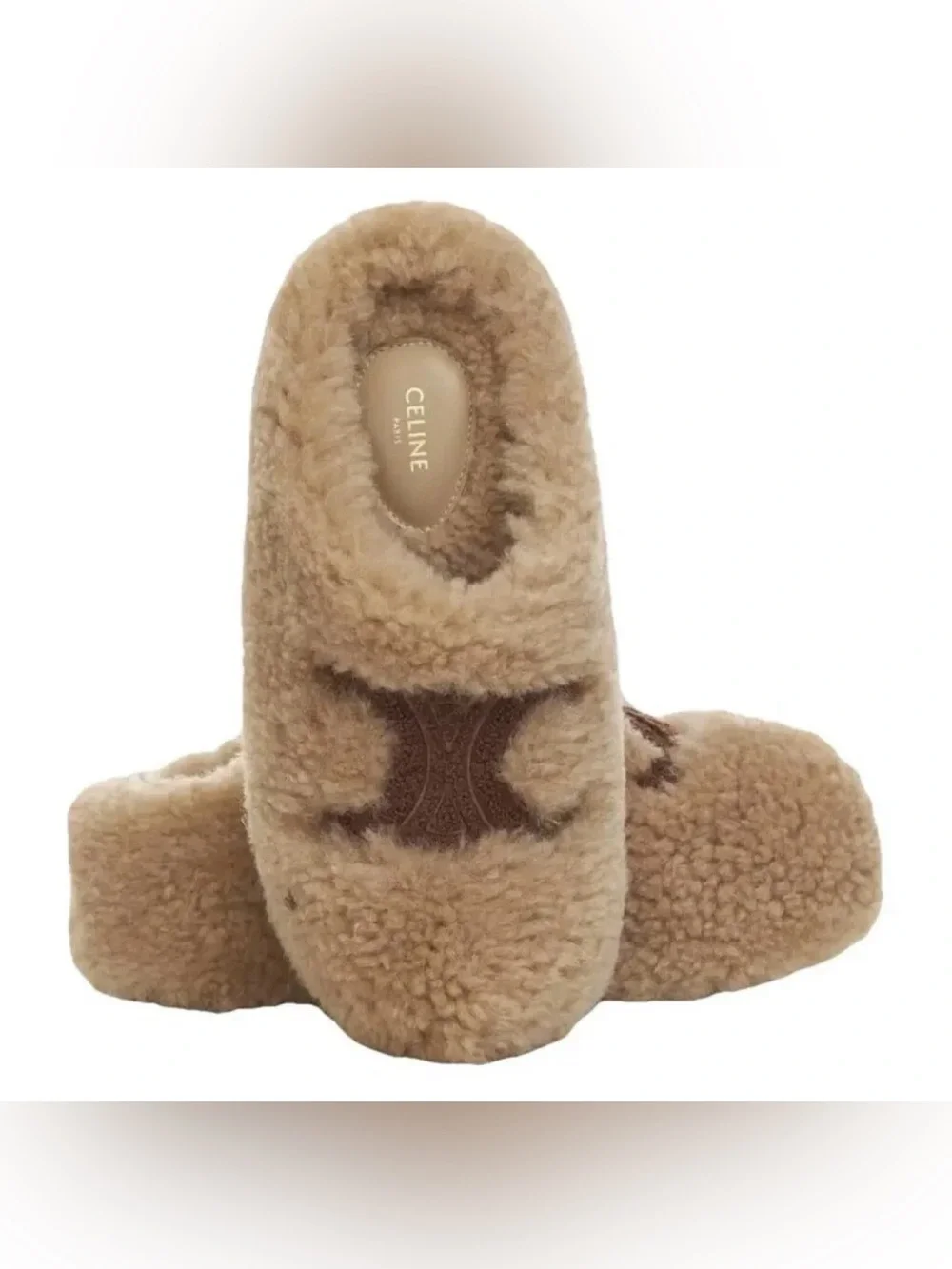 Celine Triomphe Shearling Wool Platform Mules Sz 38 Beige Slip On Italy - Picture 1 of 4